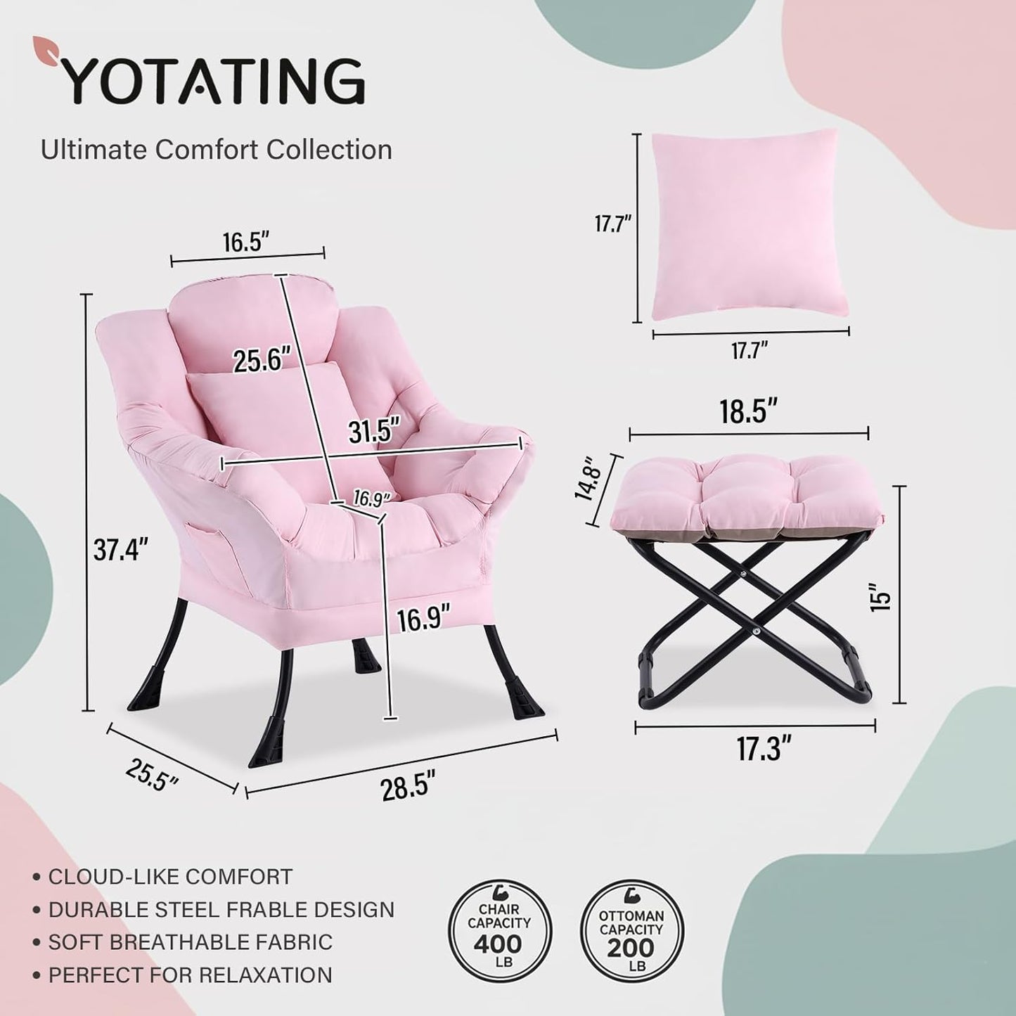 Lazy Chair with Ottoman, Modern Accent Leisure Sofa Chair with Footrest Stool & Throw Pillow, Modern Lounge Chair with Armrests for Living Room, Pink