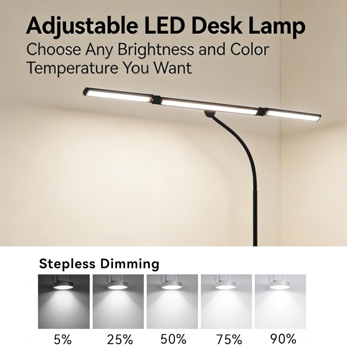 Eye-Caring Stepless Dimming Clip on Desk Lamp, Desk Lamps for Home Office with Adjustable Gooseneck, LED Light for Reading, Study, Art Painting,Live Streaming,Workbench - Black