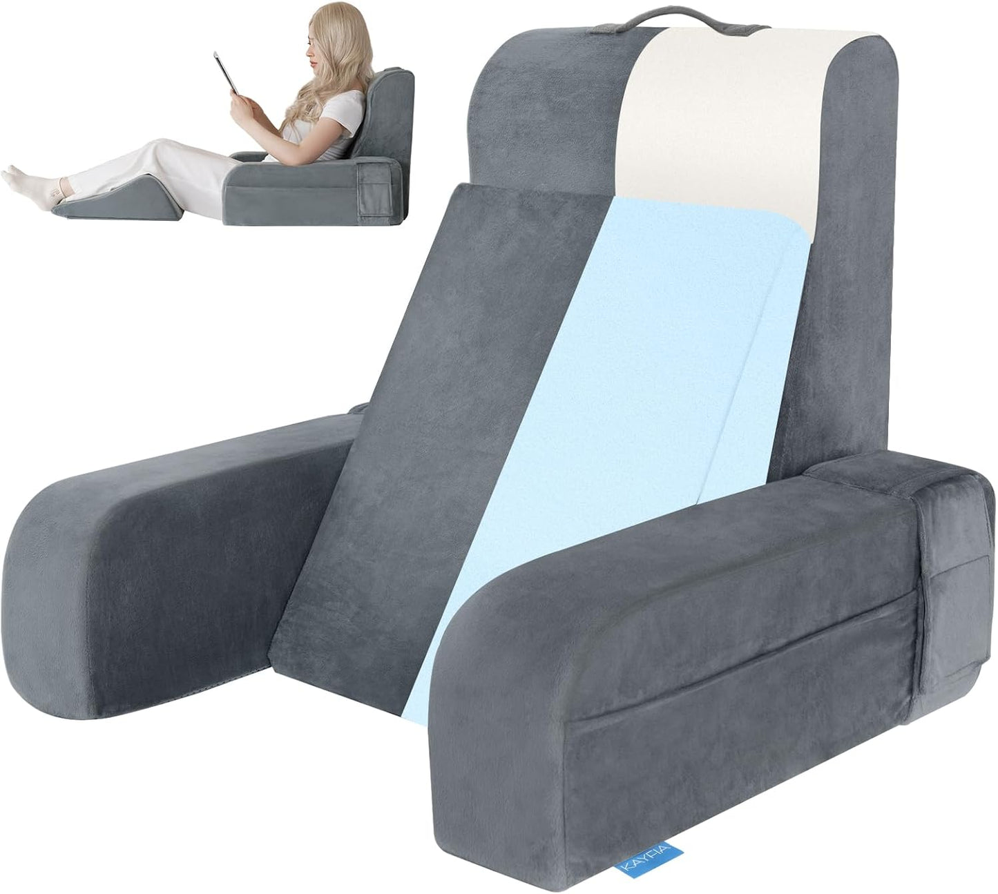 Kayfia Reading Pillow, 10 in 1 Back Pillow for Bed Sitting up with Detachable Arms Rest, Back Rest with Gel Memory Foam, Reading/Gaming/Working in Bed or Couch 19", Gray