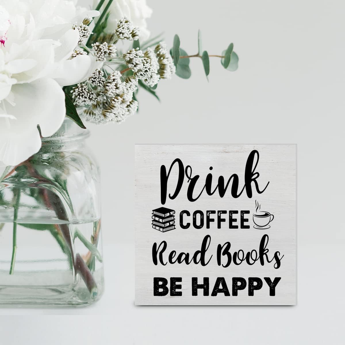 Drink Coffee Read Books Be Happy Wood Box Sign Decor Desk Sign Coffee Book Lover Wooden Box Block Sign Rustic Home Shelf Wall Decoration