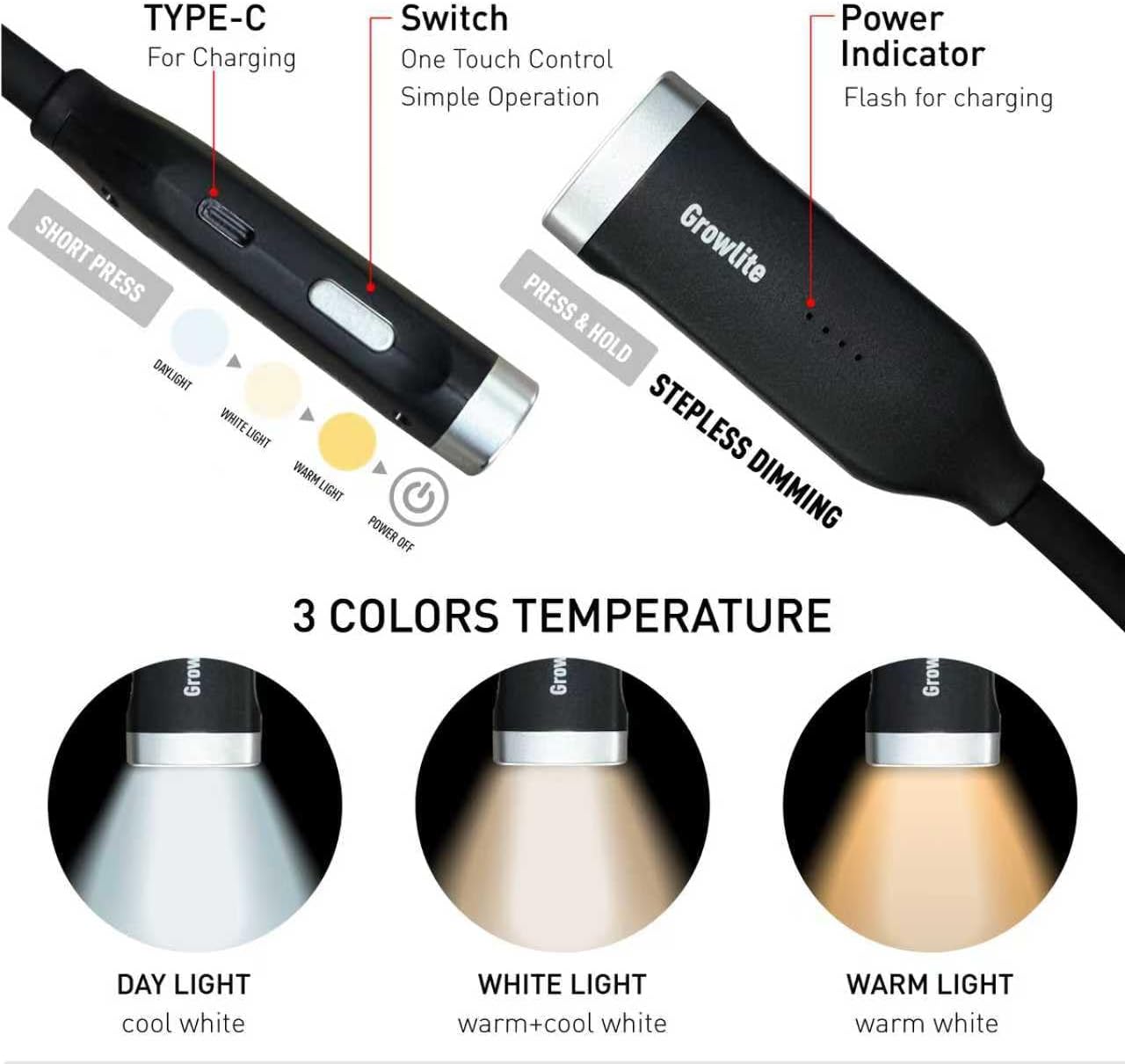 Neck Reading Light, 3 Color & Brightness Adjustable Book Light for Reading in Bed, Hands-Free, Lightweight, USB C Rechargeable, Eye-Caring, Perfect for Crafts, Camping, Kids & Adults (black)