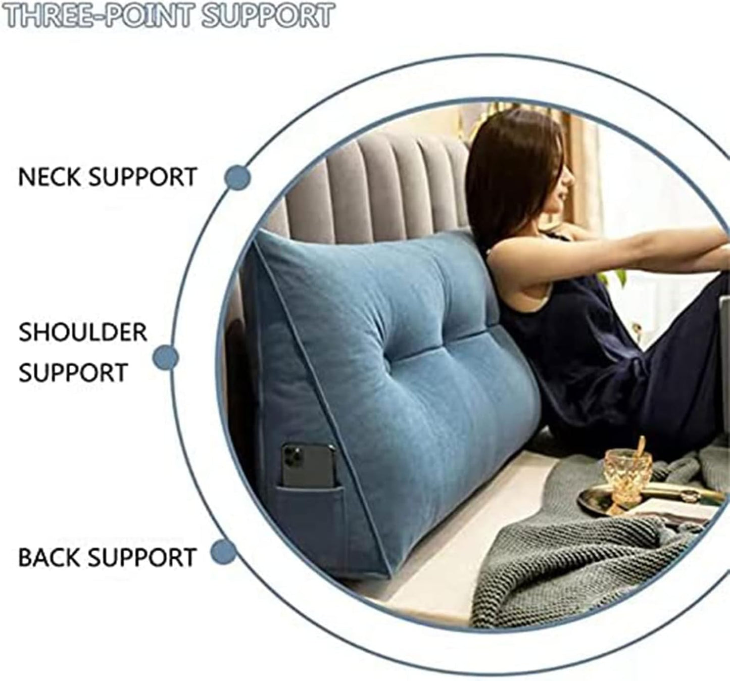 Reading Large Headboard Backrest Triangular Pillow Positioning Support Wedge Pillow for Bed Bolster Sofa Tatami Removable(Size:150x20x45cm(59x7.8x17.8),Color:Blue)
