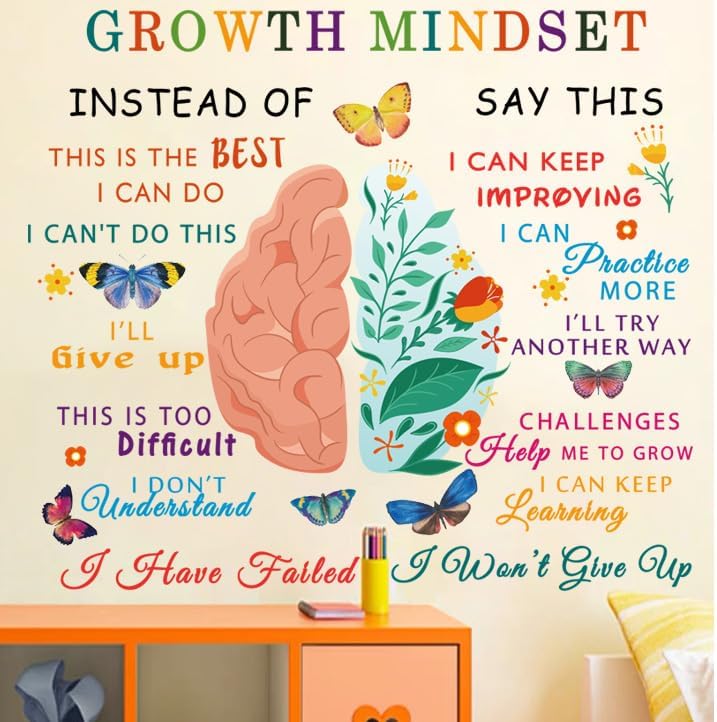 Classroom Growth Mindset Brain Wall Decal Posters Positive Peel and Stick Vinyl Wall Decor Removable Positive Wall Stickers Quotes Saying Wall Art for Teacher Student Classroom Playroom Decor