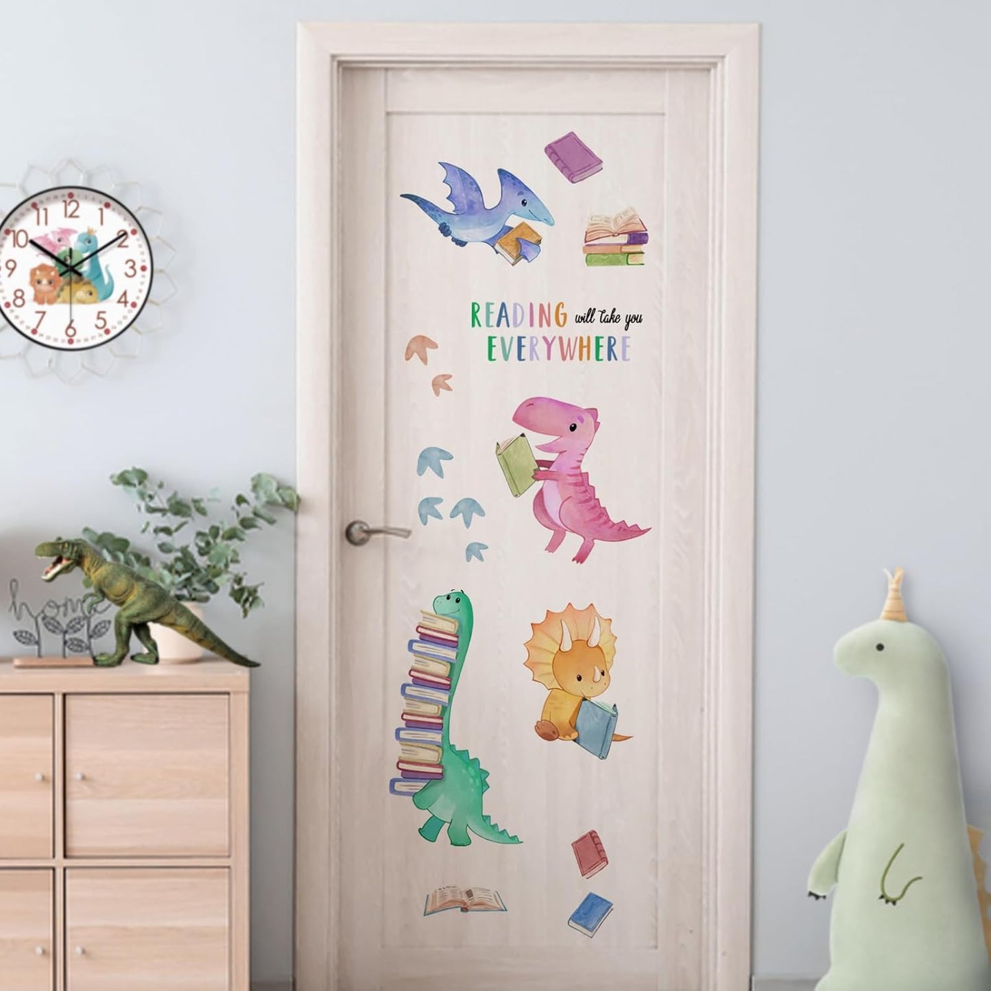 Yovkky Dinosaur Book Reading Corner Inspirational Wall Decals Stickers, Reading Will Take You Everywhere Toddler Nursery Classroom Decor, Positive Quote Home Decorations Kids Bedroom Study Room Art