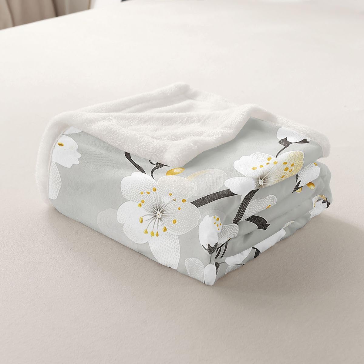 Feelyou Vintage Flowers Sherpa Throw Blanket for Couch Grey Boho Floral Super Soft Cozy Fleece Boho Blanket for Winter, Plush Throw Baby 30"x40" All Season