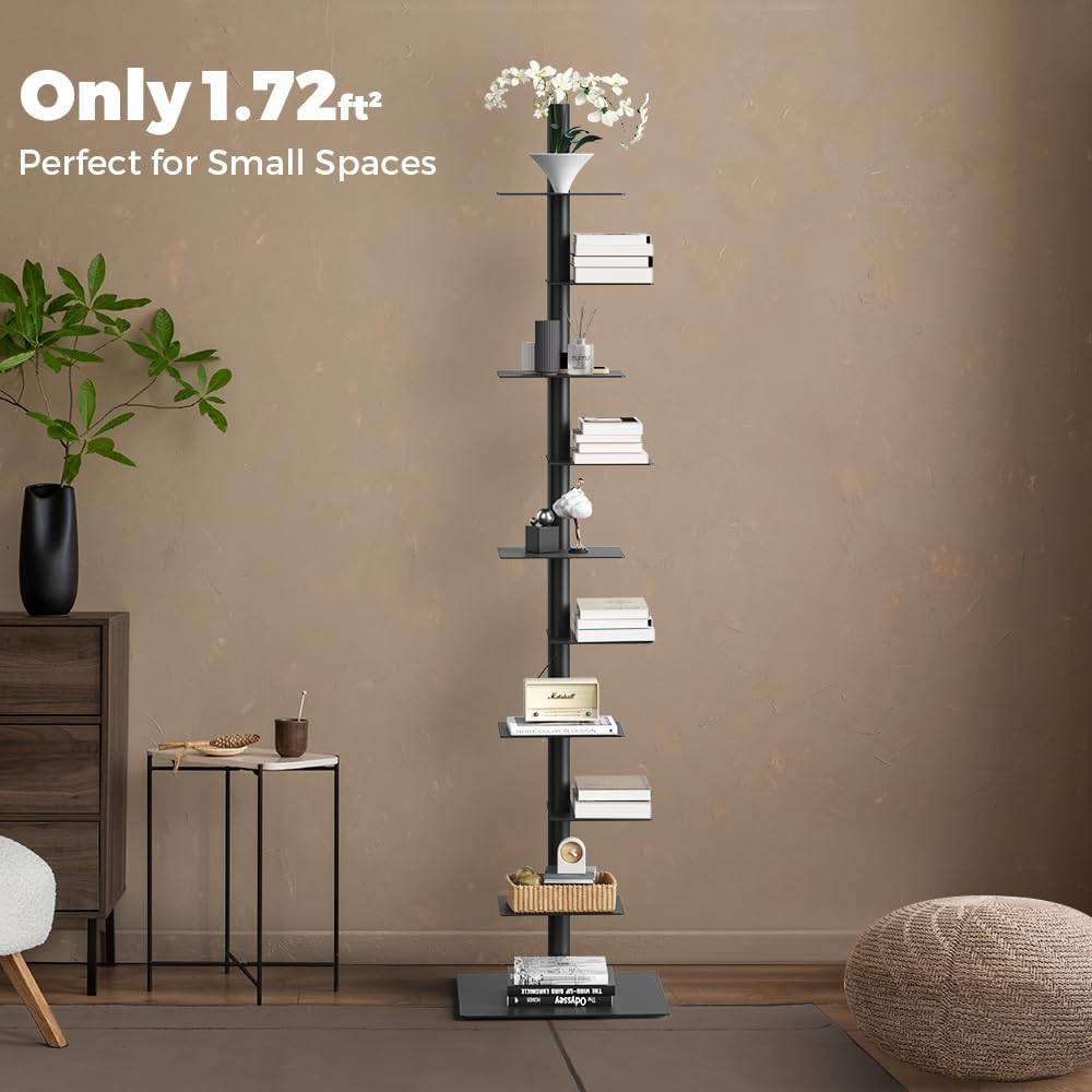 Nidouillet 9-Tier Metal Spine Bookshelf, Adjustable Vertical Tower for Books, Tall & Narrow Ladder Bookcase, Space-Saving Multipurpose Corner Storage Shelf, Display Stand, Tool-Free Assembly, Black