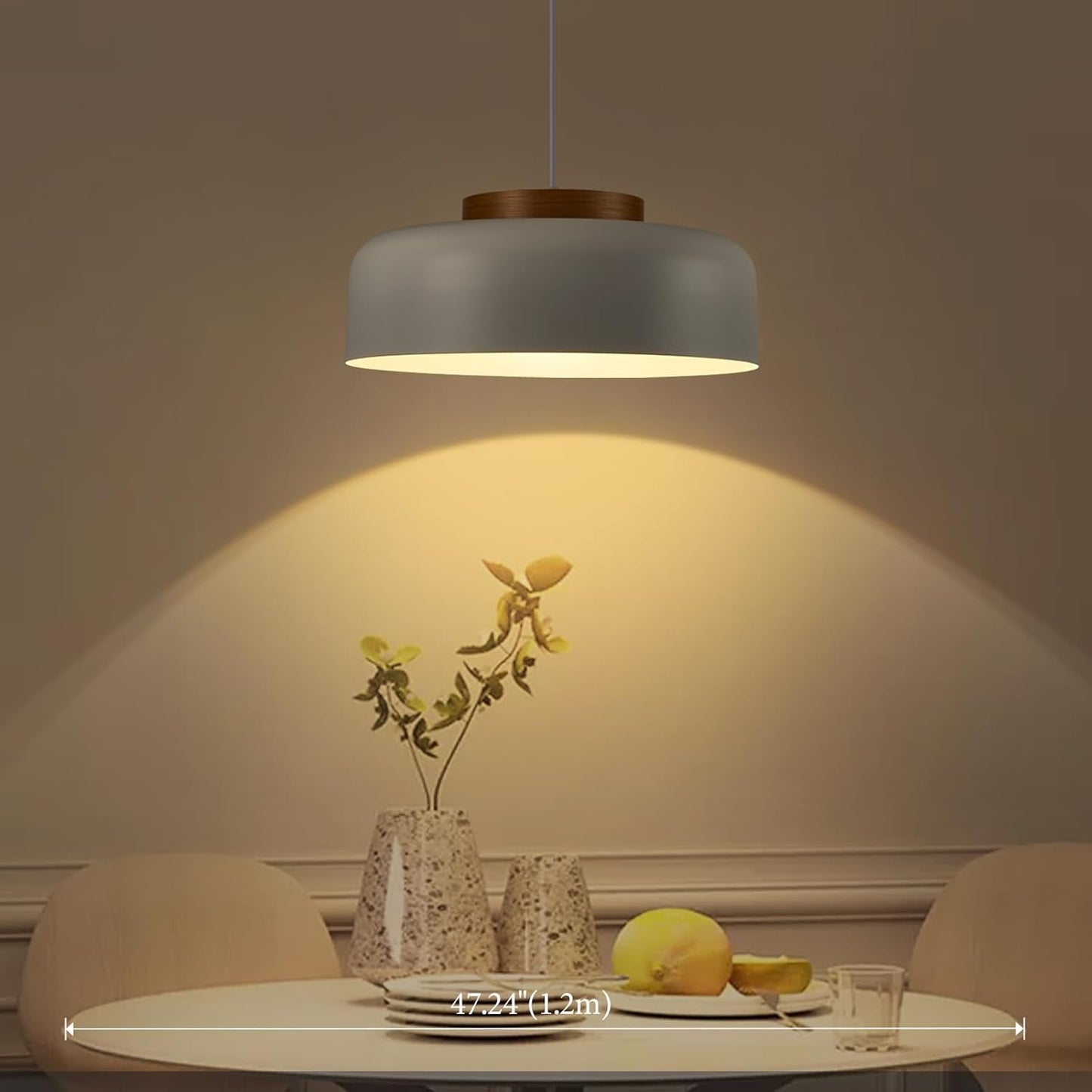 Large Pendant Lighting, 17.7 inch,Natural Wood Cap, Adjustable Cord,Simple Modern Chandelier for Dining Room, Kitchen Table Matte White