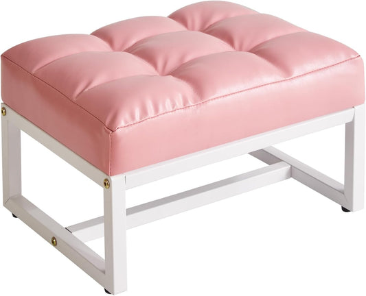 Small Footstool, Rectangle Ottoman with Faux Leather Padded Seat, Change Shoes Bench, Sofa Footrest Extra Seating for Living Room Entryway Office, Pink YD-JD139P