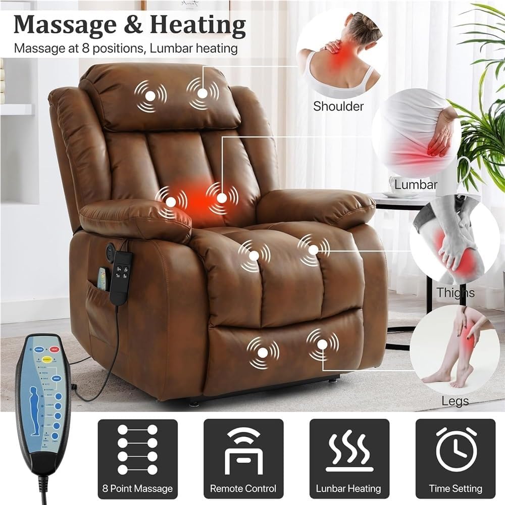 Heated Massage Dual Motor Electric Power Lift Recliner Chair for Elderly Infinite Adjustable Large Upholstered Breathable Leather Mobility Armchair Support Sofa