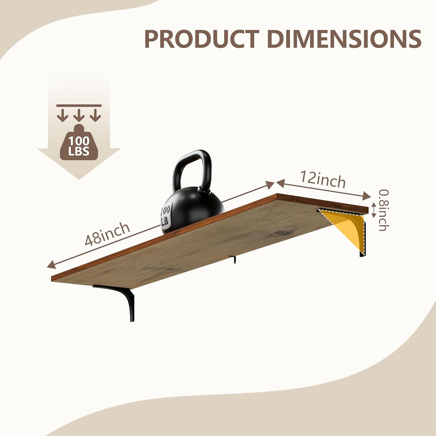 12 Inch Deep Floating Shelves Set of 2, 48 Inch Extra Wide Vintage Walnut Solid Pine Wood Wall Shelves, 4ft Heavy Duty Wall Mounted Bookshelf with 100 lbs Capacity for Kitchen & Living Room