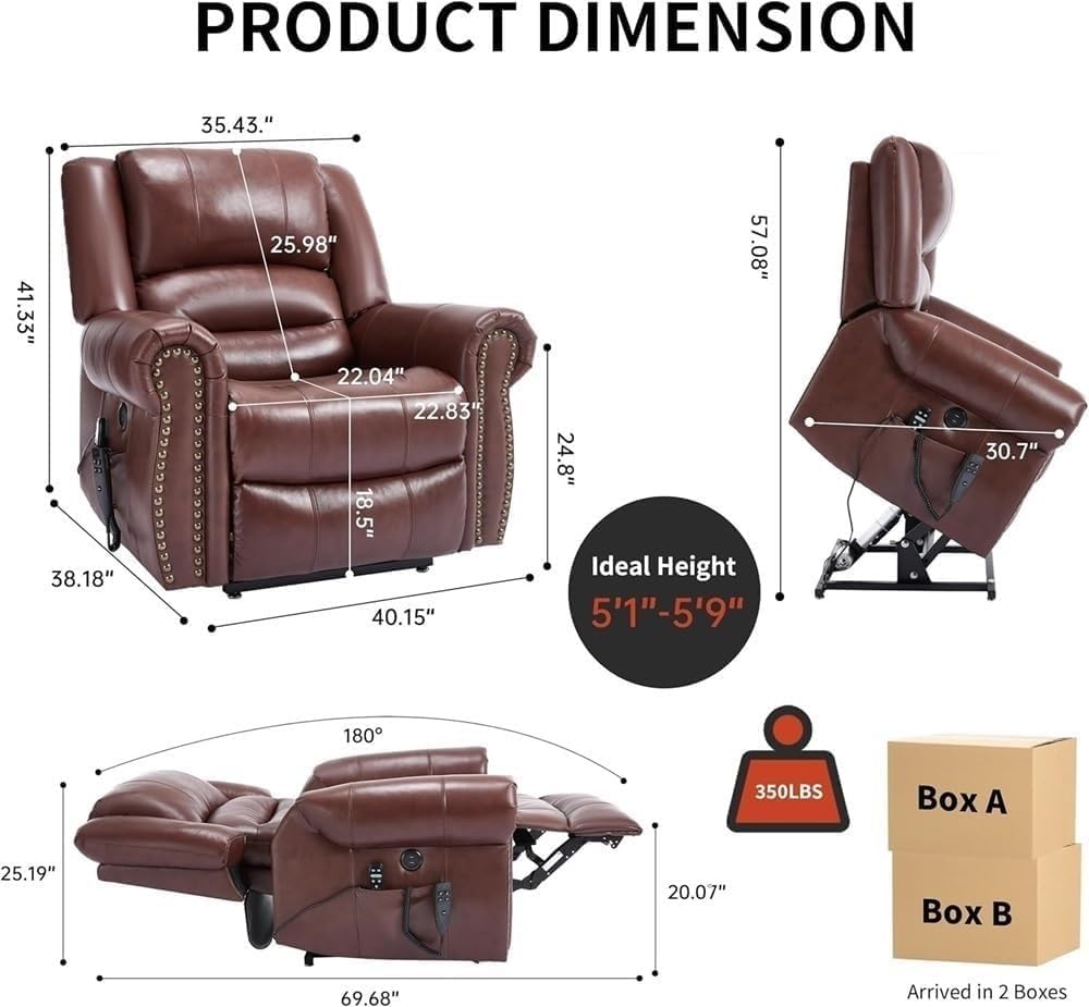 Dual Motor Lift Recliner Chair for Elderly Electric Lounge Chair Lay Flat Adjustable Massage Heat Infinite Position Standing Assistance USB Ports Upholstered Seating Comfortable Reclining Sofa