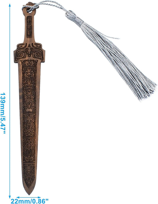2 Pcs Sword Shaped Wooden Bookmarks, Wood Bookmark with Tassel Vintage Reading Page Markers Woods Book Marks(Coffee+Taupe)