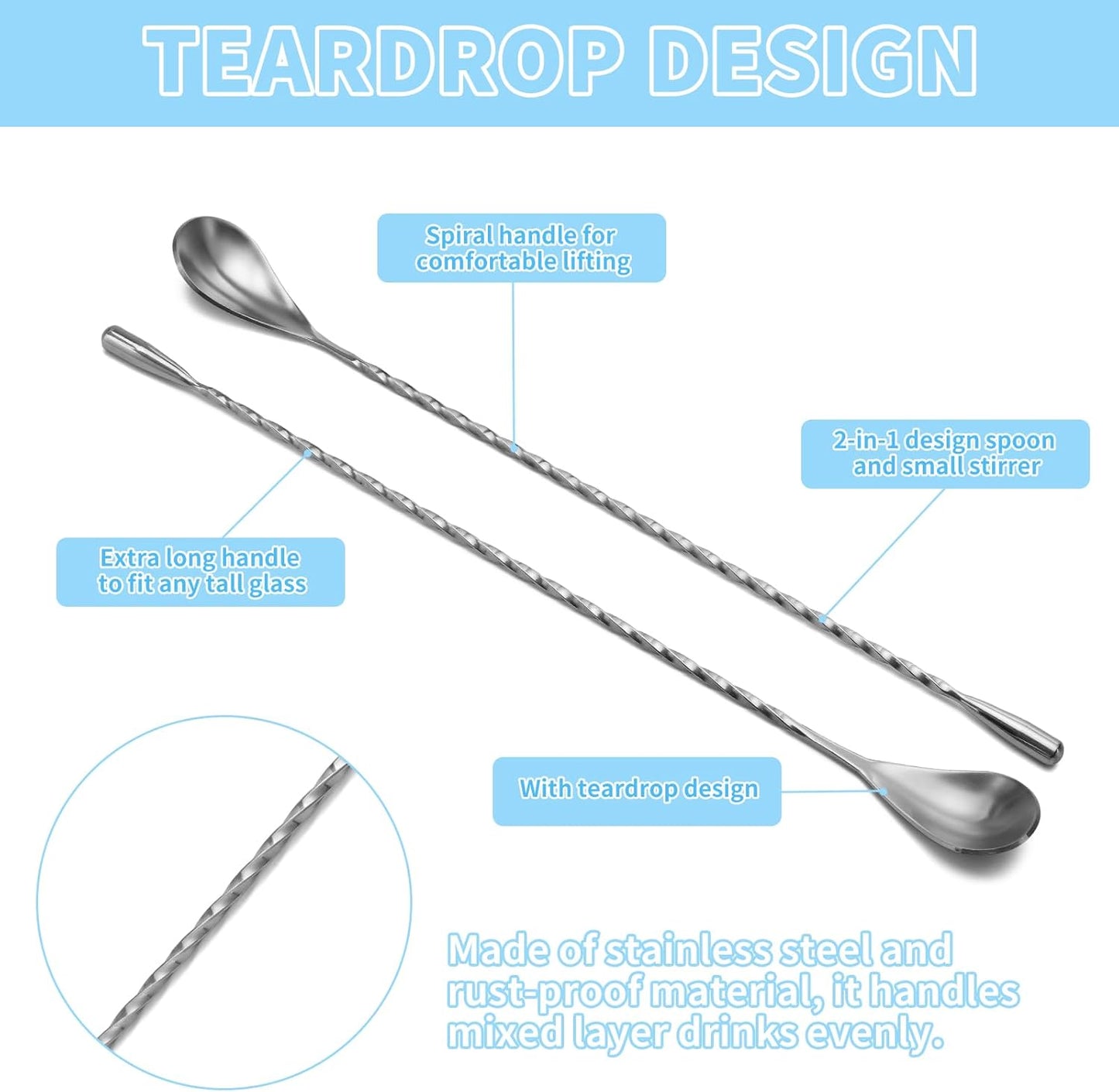 2 Pcs 12 Inch Bar Mixing Spoon Cocktail Spoon Stainless Steel Bar Long Spoon With Spiral Pattern