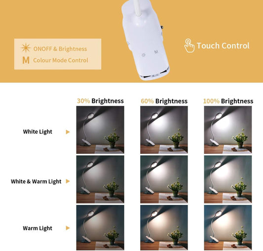 Reading Light, 28 LEDs Rechargeable Clip on Lamp, 3 Color x 3 Brightness Clip On Light for Bed Headboard with Safety Switch, Eye Protection Book Light for Reading in Bed, Touch Control Table Desk Lamp