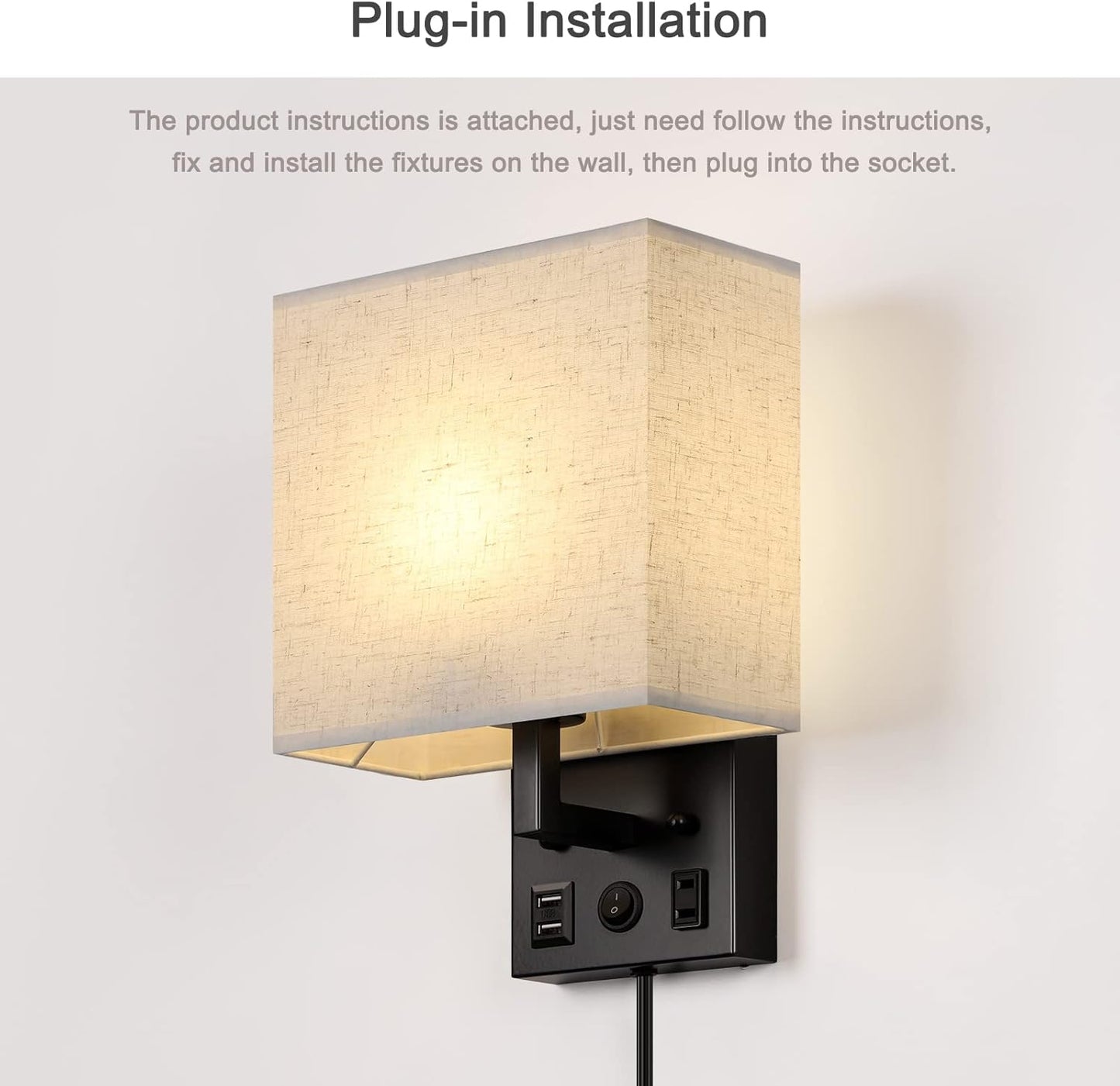 Vrisa Wall Sconces Wall Lamps for Bedrooms Set of 2 Plug in Bedside Lights Wall Mounted with USB Ports Outlet Wall Light Fixtures for Bedroom Living Room Black (2 Bulbs Included)