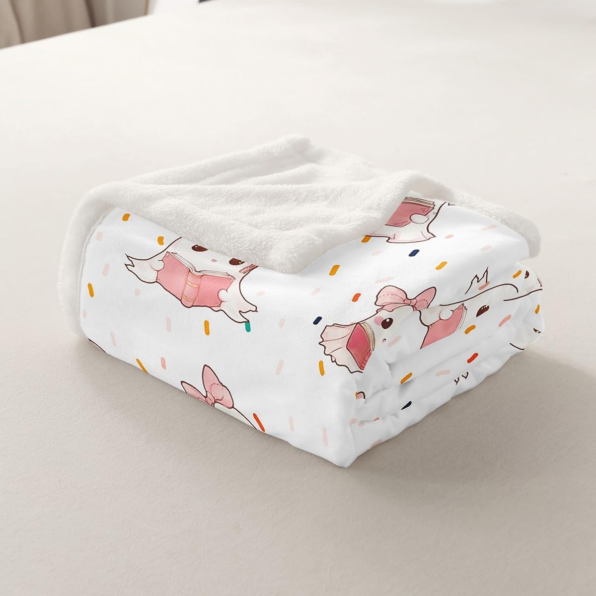 Kawaii Ghosts Throw Blanket Halloween Pink Bowknot Books Ghosts Bed Blanket for Kids Girl Room Decor, Reading Ghost Blanket for Couch Sofa, Soft and Breathable Fleece Blanket(60 x 80 Inches)