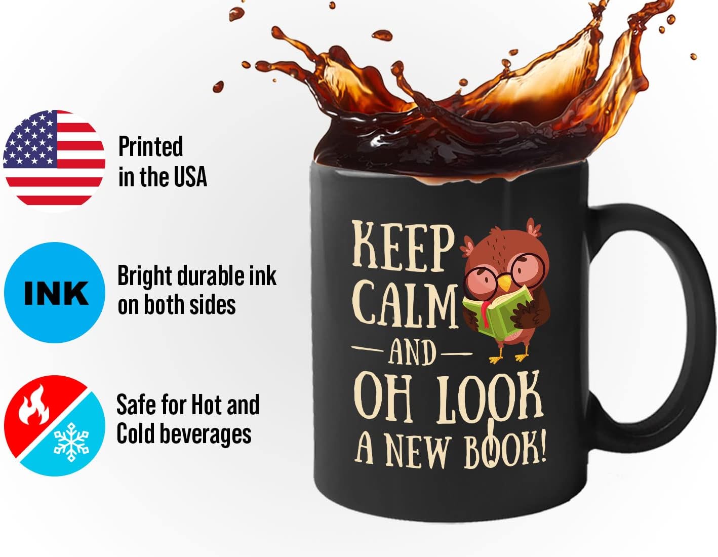 Bubble Hugs Book Lover Coffee Mug 11oz Black - Keep Calm and Oh New Book - Reading Owl Reader Stack of Books Lover Bookish Novelist Librarian Writer