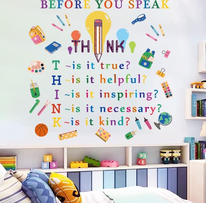 Colorful Inspirational Quotes Wall Decals Motivational Phrases Stickers Inspirational Lettering Before You Speak Think Lettering Wall Stickers for Classroom Nursery Kids Home Decoration