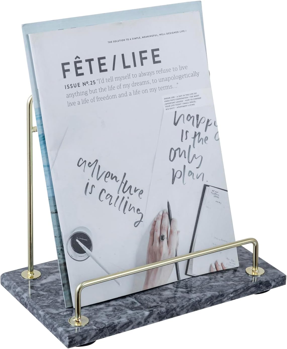 MyGift Modern Black Marble Cookbook Stand, Kitchen Countertop Recipe Holder Stand with Brass Tone Metal Rail