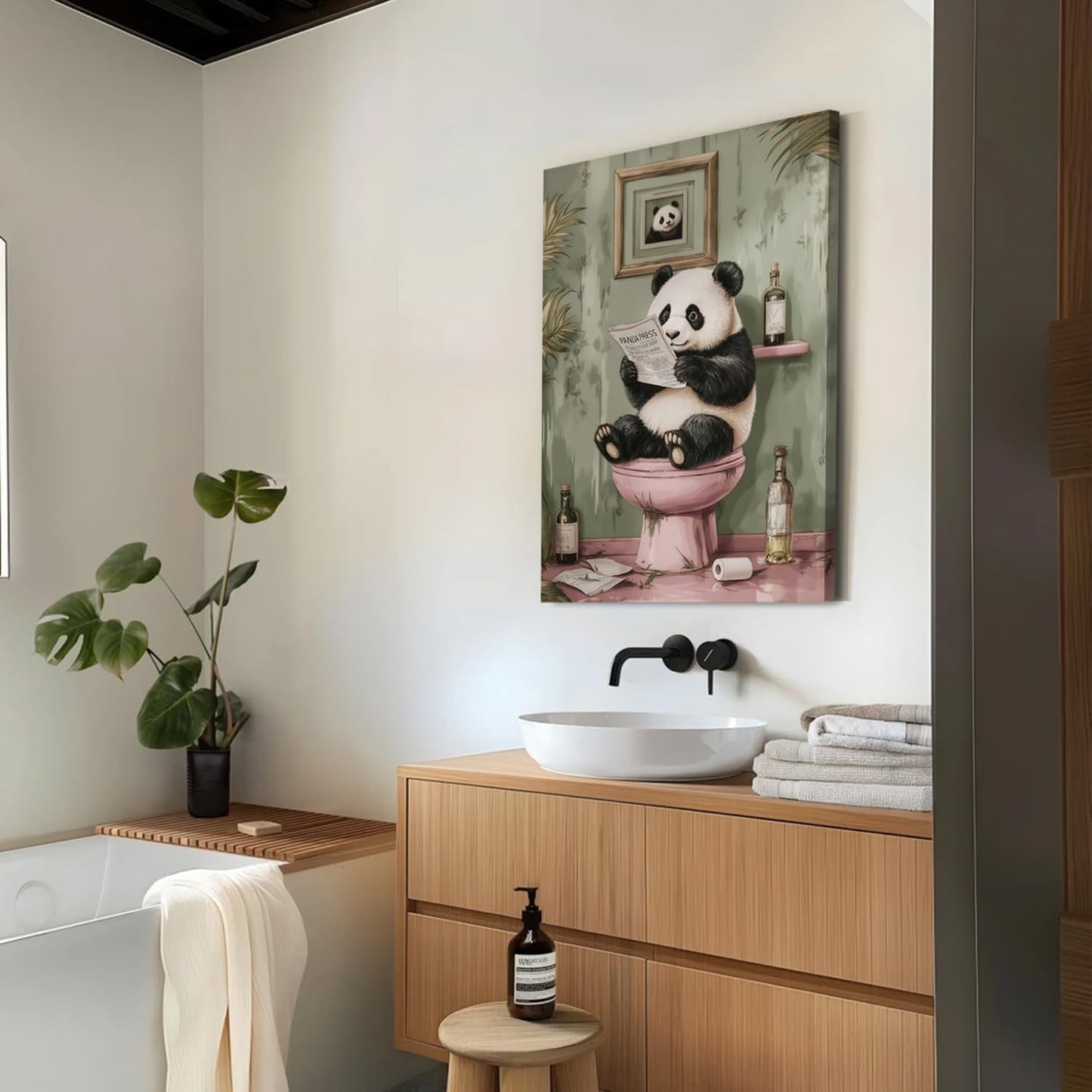Funny Bathroom Wall Art Set of 2, Panda on Toilet and in Bathtub Wall Decor Paintings, Cute Animal Canvas Prints Pictures Aesthetics Home Decor for Bathroom Restroom 16x24 Inch Framed