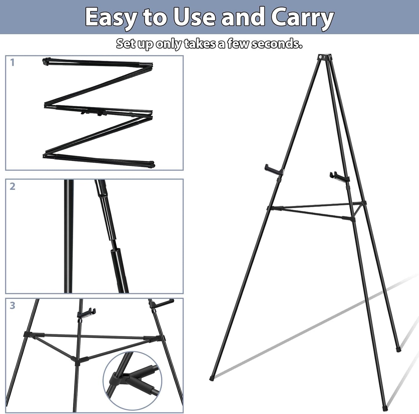 Easel Stand for Sign Picture Stands for Display, Photo Stand Floor Standing Tripod Black Easel with Support Rods, Welcome Board Stand for Wedding, Poster