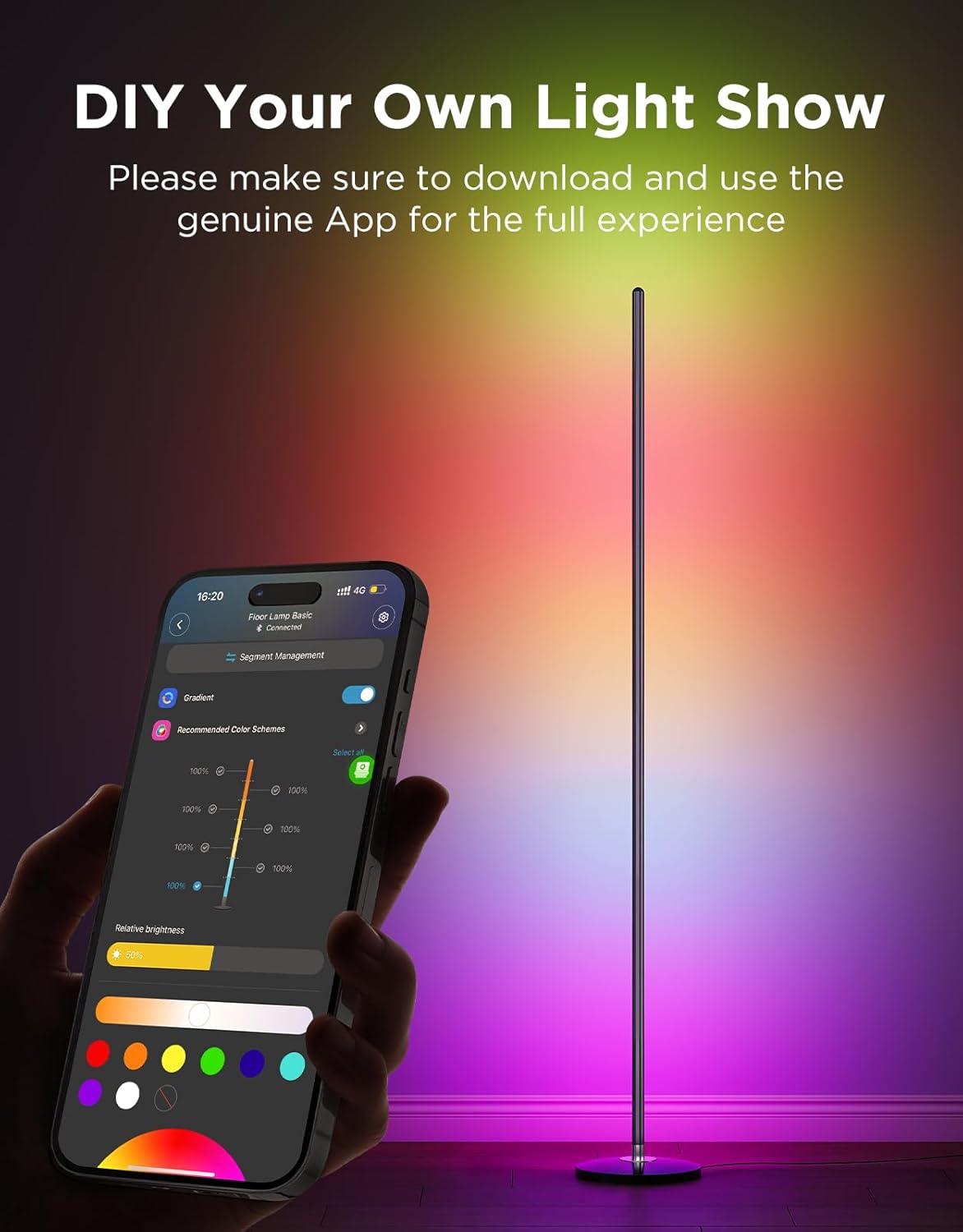 Govee RGBIC Floor Lamp Basic, 1000lm LED Corner Lamp Compatible with SmartThings, Alexa, and Matter, Modern Floor Lamp with Music Sync and 16 Million DIY Colors, Standing Lamp for Bedroom Living Room
