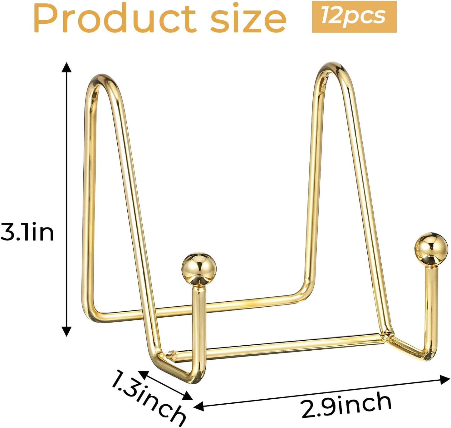 12 Pieces Gold Plate Stands for Display, Decorative Plate Holder Metal Easel Stand for Pictures, Photos, Books, Artwork - 3.1 Inch H, Sturdy Iron, Perfect for Home Office Kitchen