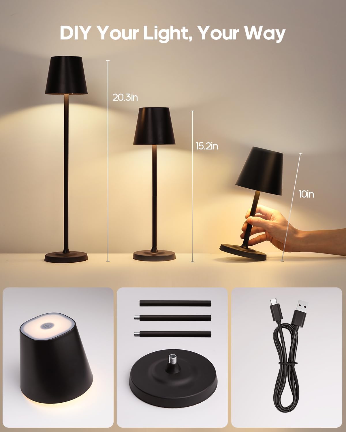 LED Cordless Table Lamp Rechargeable, 3-Height Adjustable, 5500mAh Battery Operated Lamp, 3-Color Dimming Touch Lamp, Portable Lamp for Dining, Bedroom,Camping, Outdoor, Indoor(Black 2 Pcs)