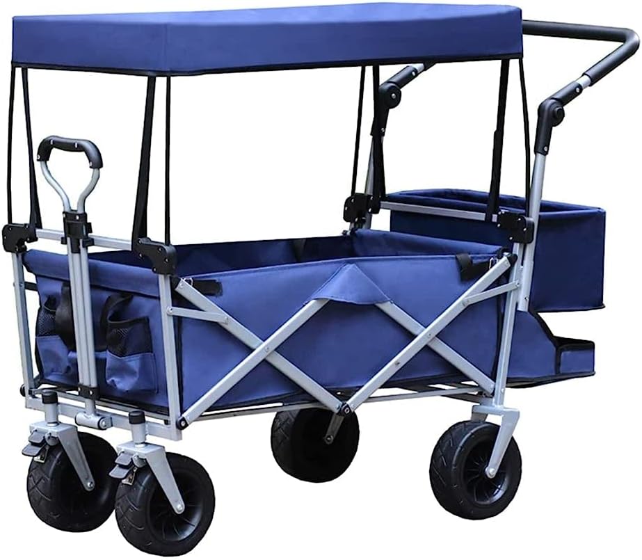 Handcart, Folding Camping Cart Garden Trolley Coaster with Removable Canopy Brake and Tail Bag Beach Foldable Hand Cart Trolley Truck Offroad