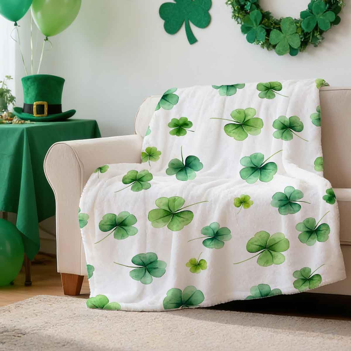 St Patricks Day Throw Blanket Watercolor Shamrock Green Clover Irish Soft Cozy Flannel Blankets for Bed Sofa Couch Chair Home Decorations 50 x 60 Inch