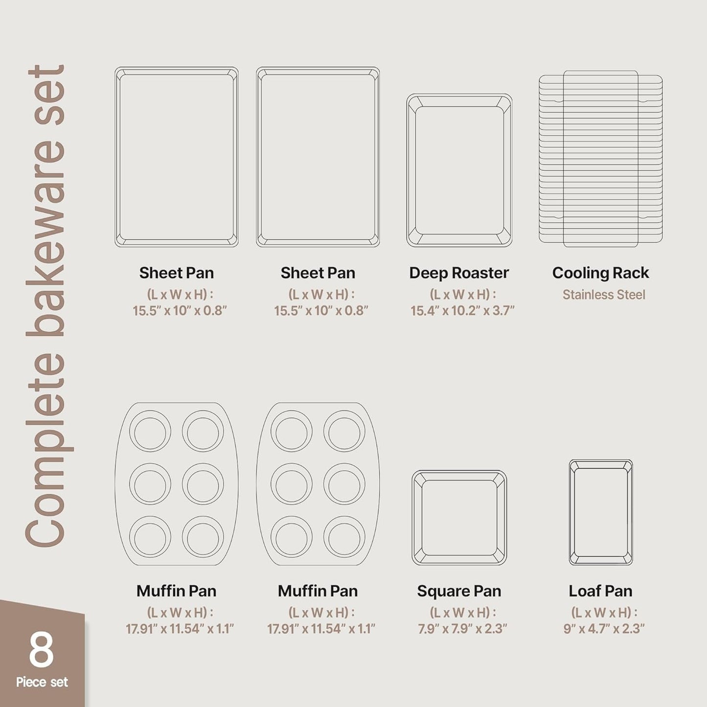 Deluxe 8-Piece Carbon Steel Bakeware Set - Nonstick White Marble Coating, Silicone Handles - Professional Quality Kitchen Oven Baking Pans