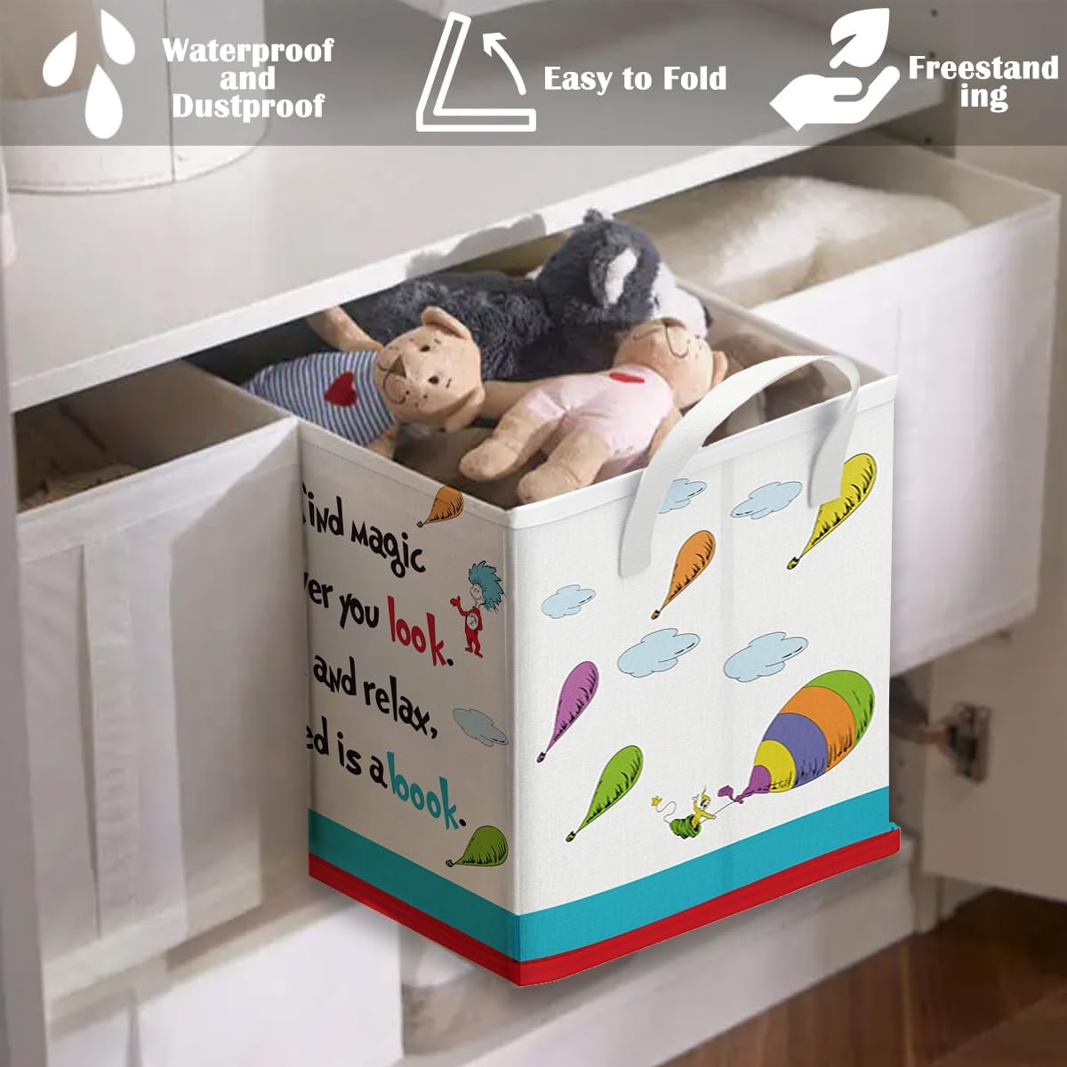 Runtoo Read Book Storage Bins Dr Inspirational Quotes Book Basket Toys Box Organizer for Kids Nursery Classroom Baby Book Shelf