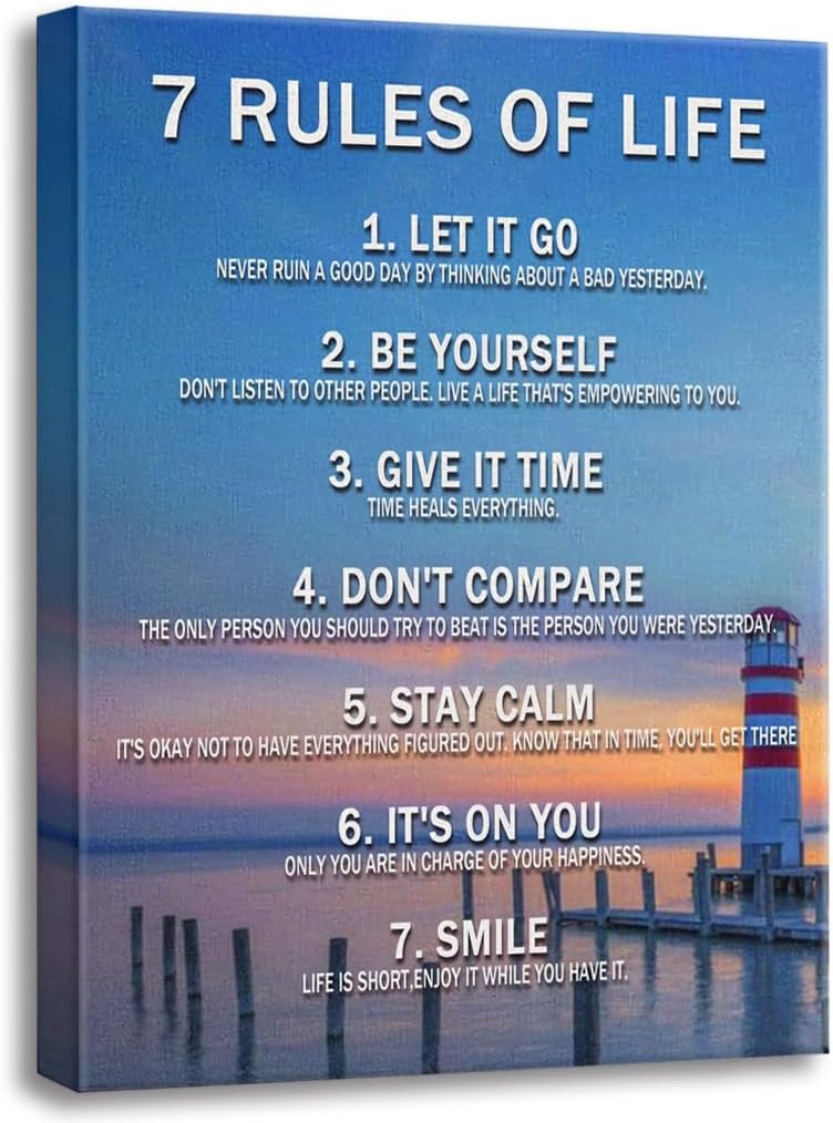 7 Rules of Life Inspirational Wall Art, Motivational Posters for Classroom, Office, Bedroom - Positive Affirmations Canvas Prints, Modern Inspirational Quotes Wall Decor for Home, School, Gym Gifts for Family Member and friends 12x15 inches