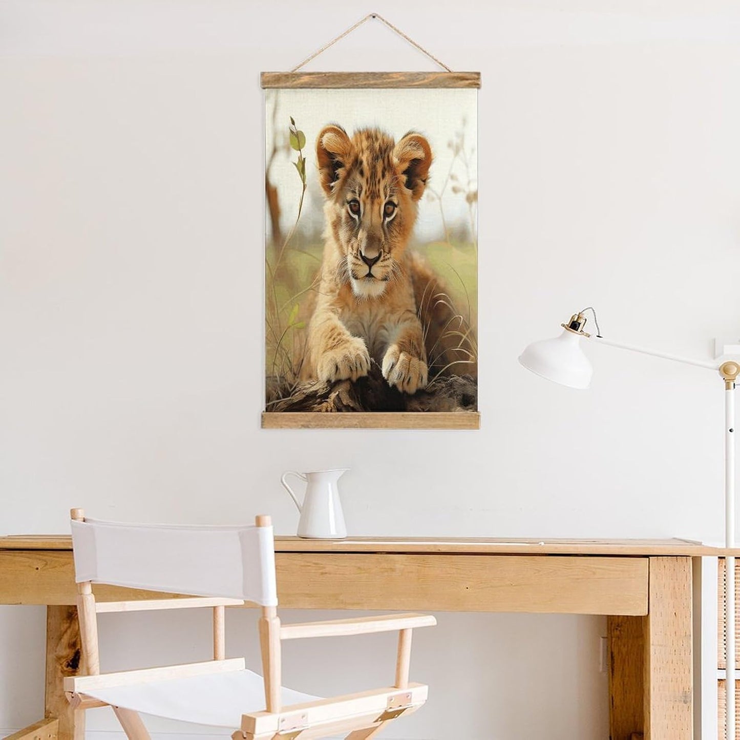 Vintage Cute Little Animal Lion Poster with Wooden Frame Personalized Linen Hanging Scroll Painting Rustic Wall Hanging Illustrative Modern Artwork Decor for Home Living Room Bedroom Office