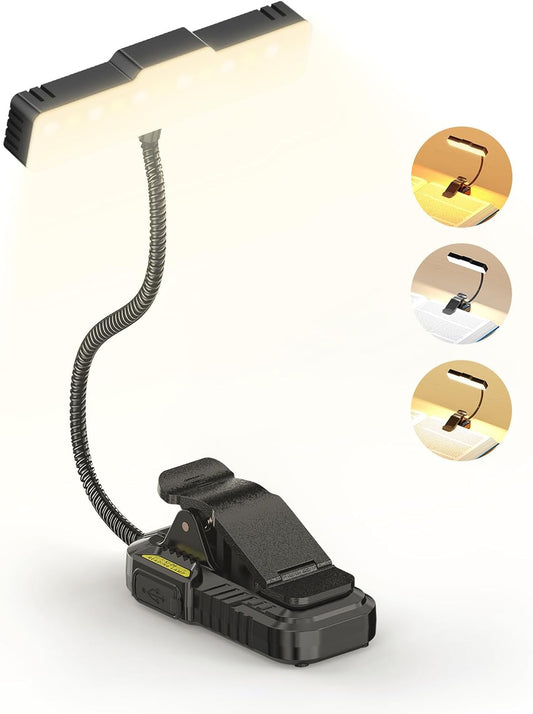 Smiling Shark Reading Lamp, 1200 mAh Rechargeable LED Books Light Motion Sensor 3 Color Temperature 6 Lighting Mode Portable Eyes Caring Clip On Reading Light with Adjustable Goose Neck for Book Study