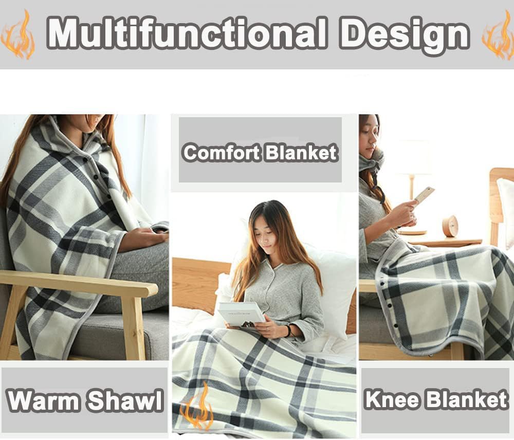 Fleece Wearable Blanket Poncho for Women 63 * 55" Plaid Lap Blanket Shawl Wrap Throw Cape with Buttons for Bed Desk Office- Plush Sleeveless for Grandma Gifts