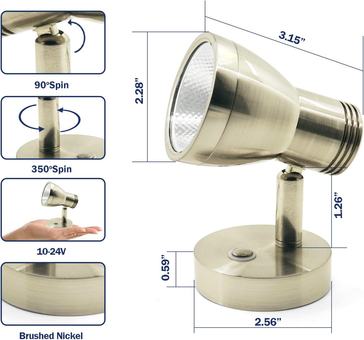 THALASSA RV Overhead Reading Light 12V LED Spotlight Camper Motorhome Interior Warm Light Brushed Nickel with Blue Small Reminder Light, Adjustable Touch Dimmer Switch 3W DC 10-30V