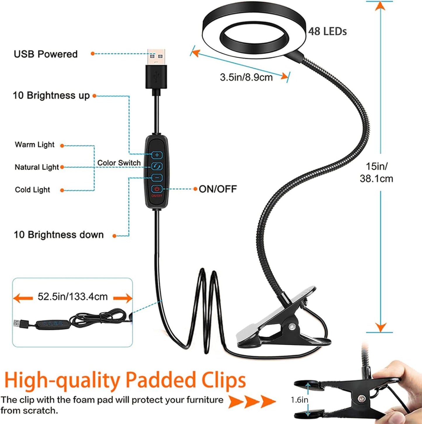 Clip on Light LED Reading Book Study Lamp 3 Color Modes 10 Brightness Eye Protection 360° Flexible Gooseneck Student Dormitory Office Desk Lamp at Night in Bed