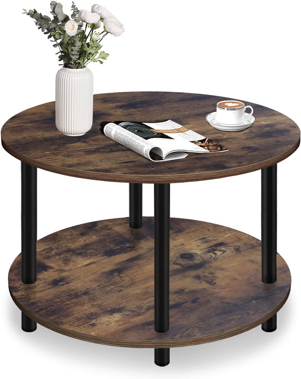 Small Round Coffee Table for Small Space, 23.5" 2-Tier Rustic Brown Wooden Coffee Table with Open Storage for Living Room/Balcony/Office, Metal Legs, Easy to Assemble