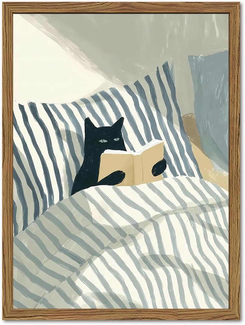 Funny Black Cat Wall Art Painting, Whimsical Cat in Stripe Bed Reading Wall Decor, Cute Animal Book Lover Blue and White Poster Canvas Prints for Bedroom Living Room 16x24 inch Wood Framed
