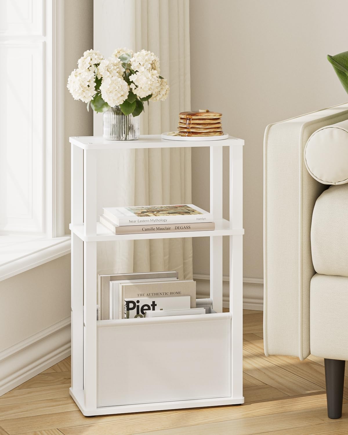Narrow Wood Side Table, 3-Tier Night Stand with Storage Bag, Skinny Nightstand for Small Spaces, Bedside Table for Living Room, Bedroom, White