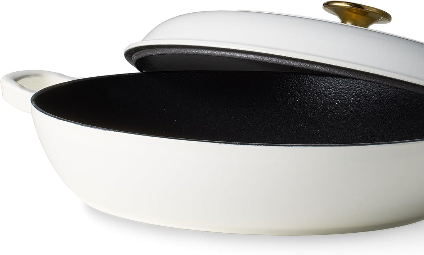CAROTE 3.4QT Enameled Cast Iron Braiser Pan, Shallow Dutch Oven Casserole Skillets, Non-Toxic Cast Iron Pot with Lid for Grilling, Searing, Baking, Dual Handles, All Stovetop Compatible, White