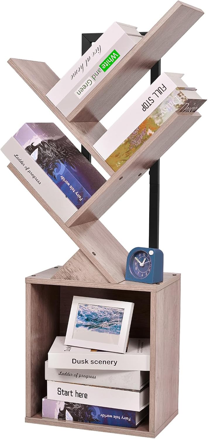 Tree Bookshelf Bookcase with Storage Cabinet, 4-Tier Modern Corner Bookshelves, Narrow Wood Book Rack, Mini Floor Standing Book Organizer for Kid Room, Bedroom, Living Room, Home Office, CD/DVD
