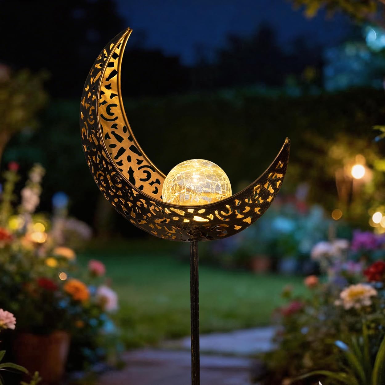 TAKE ME Moon Solar Lights for Women Garden Outdoor Decor Waterproof Metal Solar Stakes Lights for Patio Yard Walkway Lawn Patio Mothers Garden Gifts Mom Wife Grandma