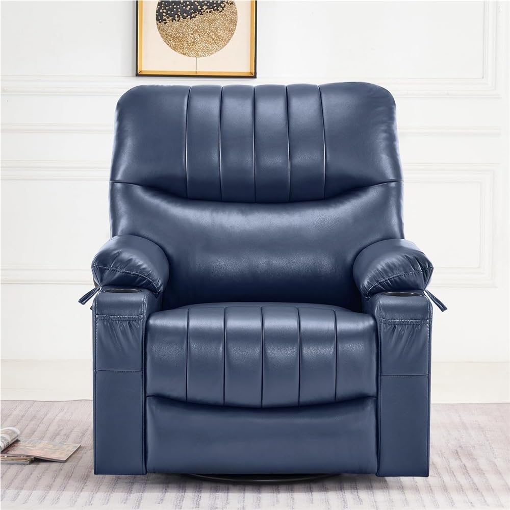 Power Swivel Glider Rocker Recliner Chair with Heat and Massage, Comfy Leather Nursery Chair with USB Ports & Cup Holders, Electric Reclining Sofa for Living Room, Blue