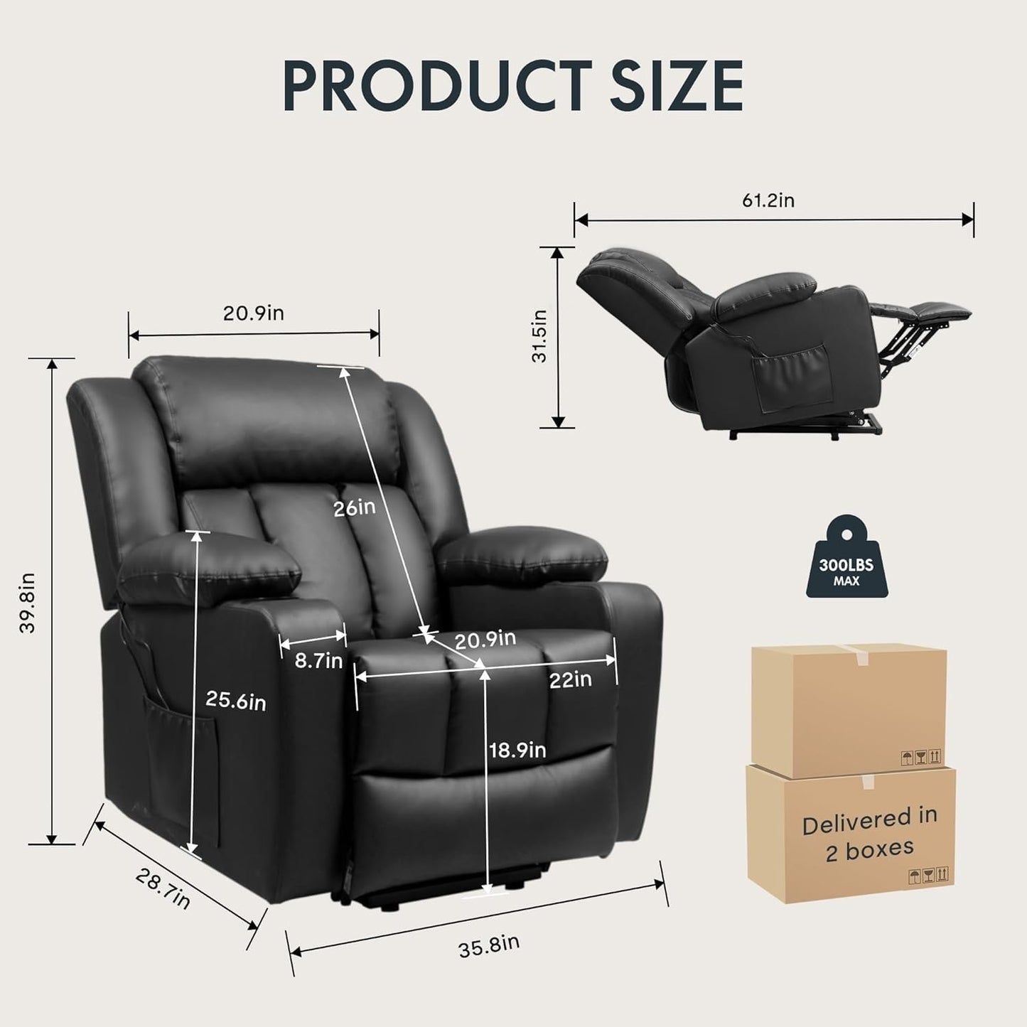 Power Lift Recliner Chair for Elderly, Electric Leather Massage Recliner with Heat & Remote Control, Black Reclining Sofa with Cup Holders & Side Pockets for Living Room