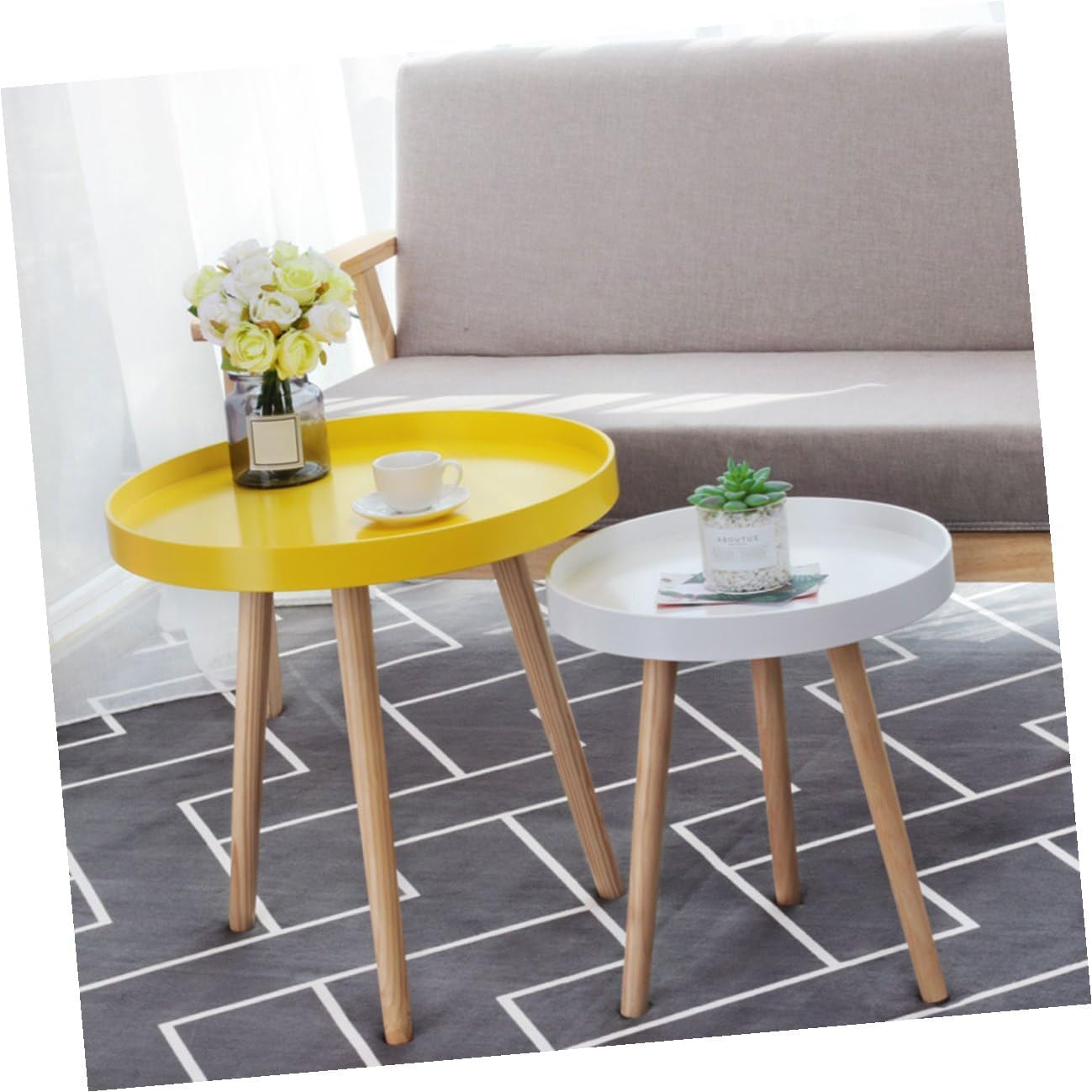 FAVOMOTO Nordic Style Mini Round Indoor Coffee Table Yellow Small Sofa Side Table with Tray Creative Household for Living Room and Bedroom