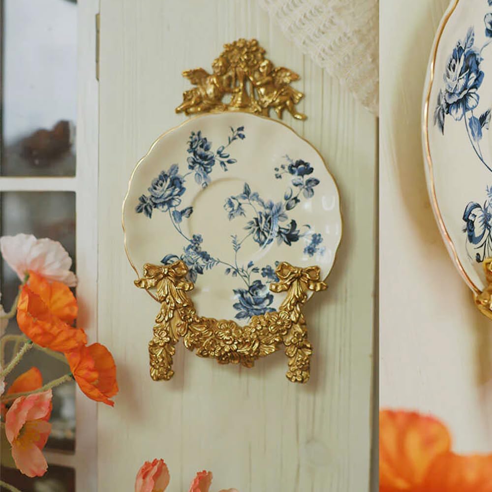 Vintage Bow & Angel Wall Mount Plate Display Stands,Brass Plate Hangers Wall Easel Holder Plate Hanger Plate Stand Holders for Decorative Plates,Picture Frame,Arts (9.8" H)