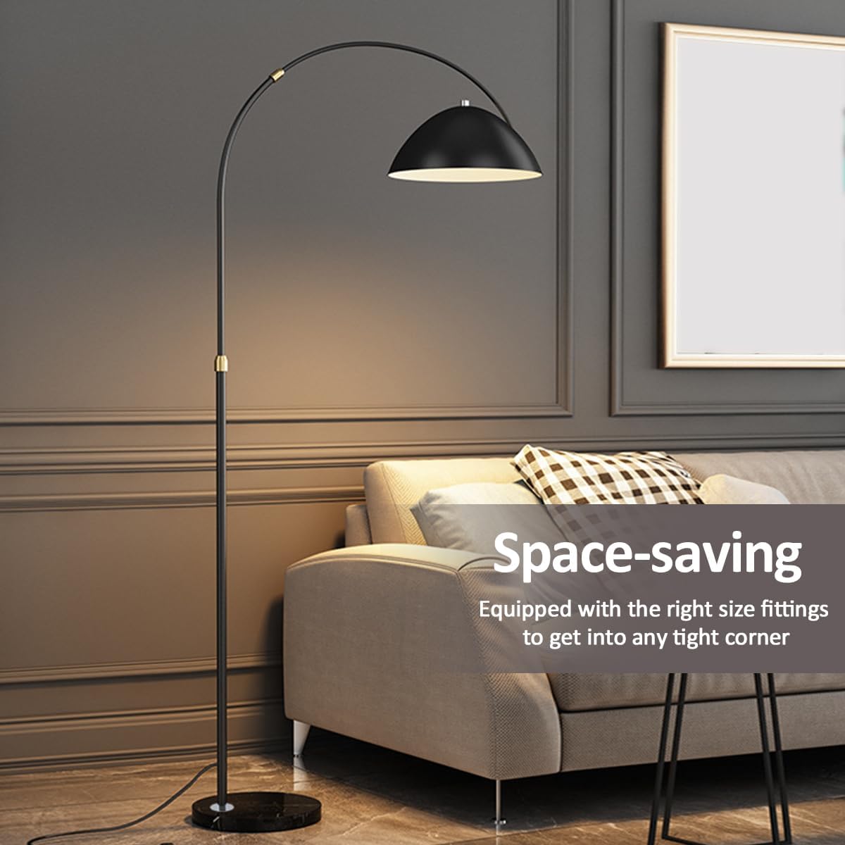 70.9" Modern Arc Floor Lamp Adjustable Height Standing Light with Dome Metal Shade Tall Corner Floor Lamps with Marble Base Over Couch Arched Reading Light for Living Room Hotel (Gold)