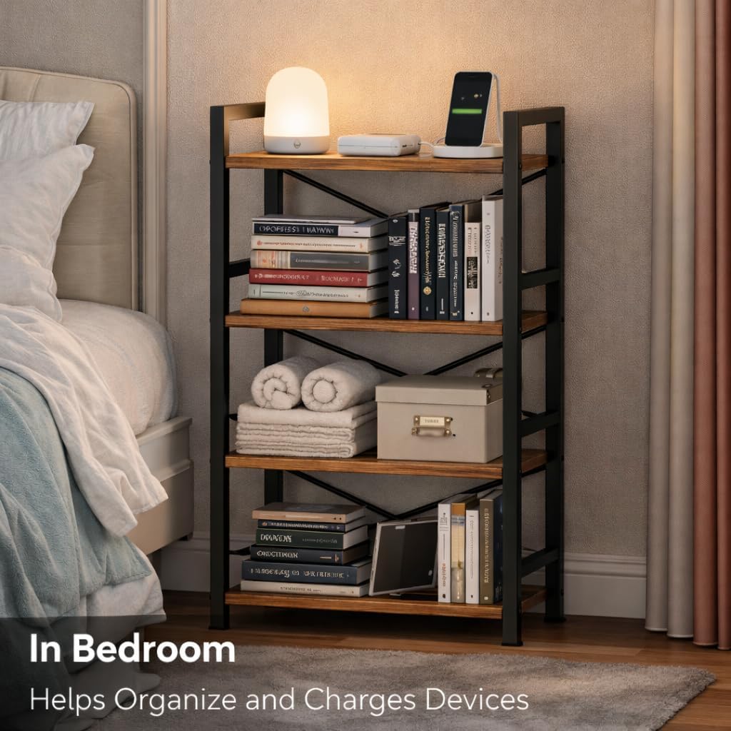 Small Bookshelf for Small Spaces, 3-Tier Industrial Bookcase with Metal Frame and Wood Shelves, Narrow Storage Shelf for Living Room, Bedroom, Apartment (4)